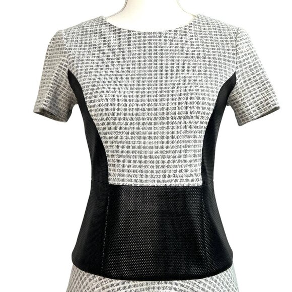 Tibi Whitby Faux Leather Panel Fit & Flare Dress 2 Stretch Tweed Monochrome - Picture 4 of 11